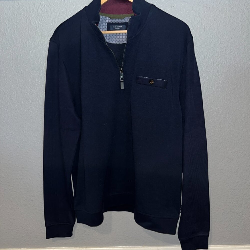 TED BAKER London 1/4 Zip Pull-Over Sweater Jacket  - NWOT Size 6 = US 2XL - Navy